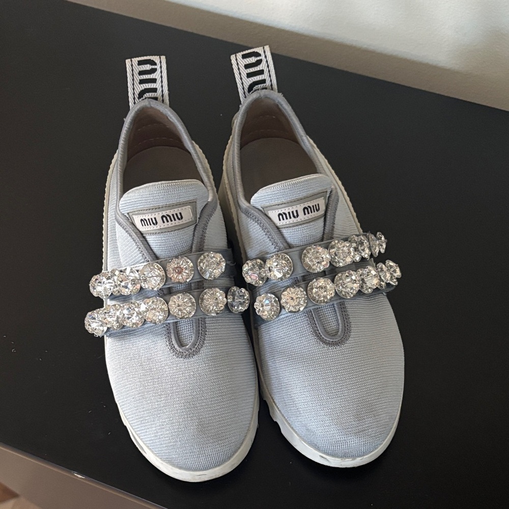 Miu Miu Light Gray Crystal Sneakers